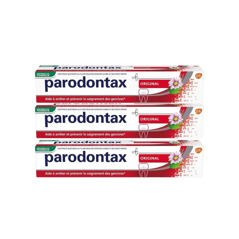 Gros plan sur trois tubes de dentifrice Parodontax Original en emballage rouge et blanc, vue en angl