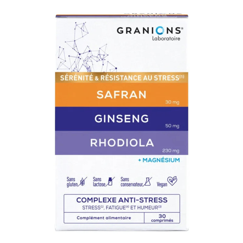 Boîte Granions 1149189 Complexe Anti-Stress naturel avec safran 30mg, rhodiola 230mg, ginseng 50mg, 