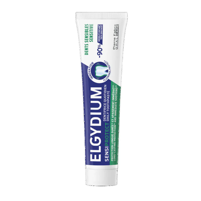 Tube d'Elgydium Sensiprotect dentifrice dents sensibles (75 ml) bleu, blanc, vert, vue avant avec no