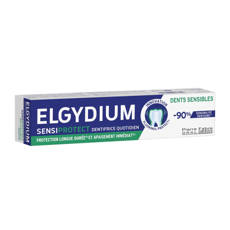 Gros plan vue de côté du tube dentifrice Elgydium Sensiprotect mettant en avant icônes innovation, F