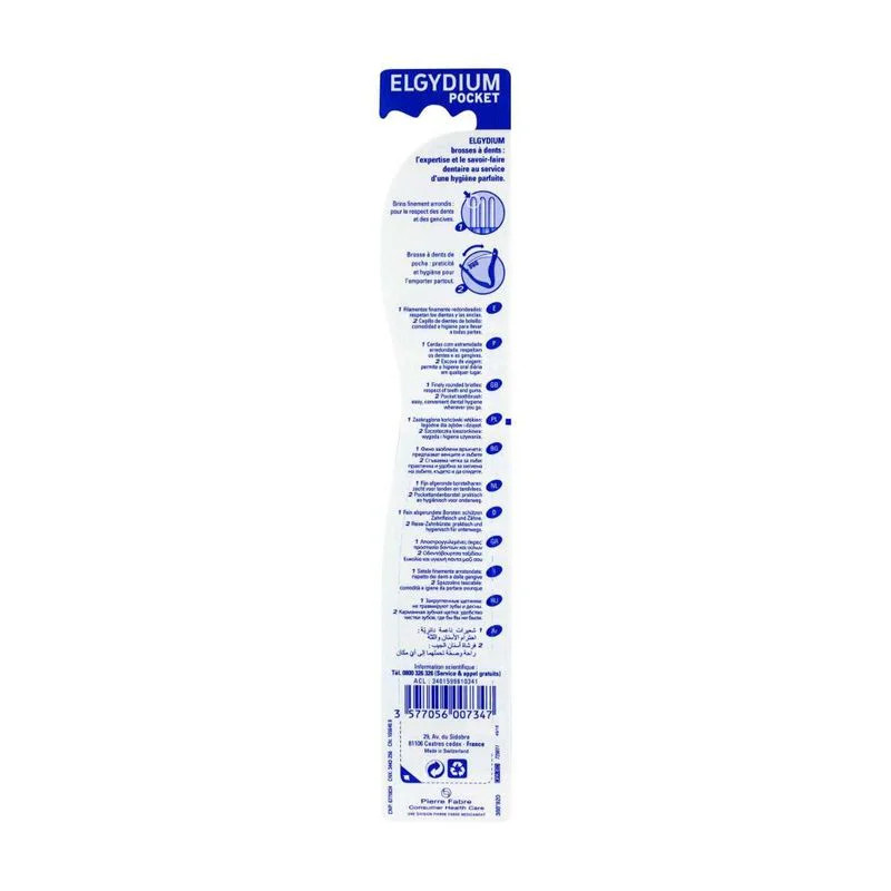 Vue latérale de l'emballage ELGYDIUM Pocket brosse à dents voyage médium avec étiquettes français/ar