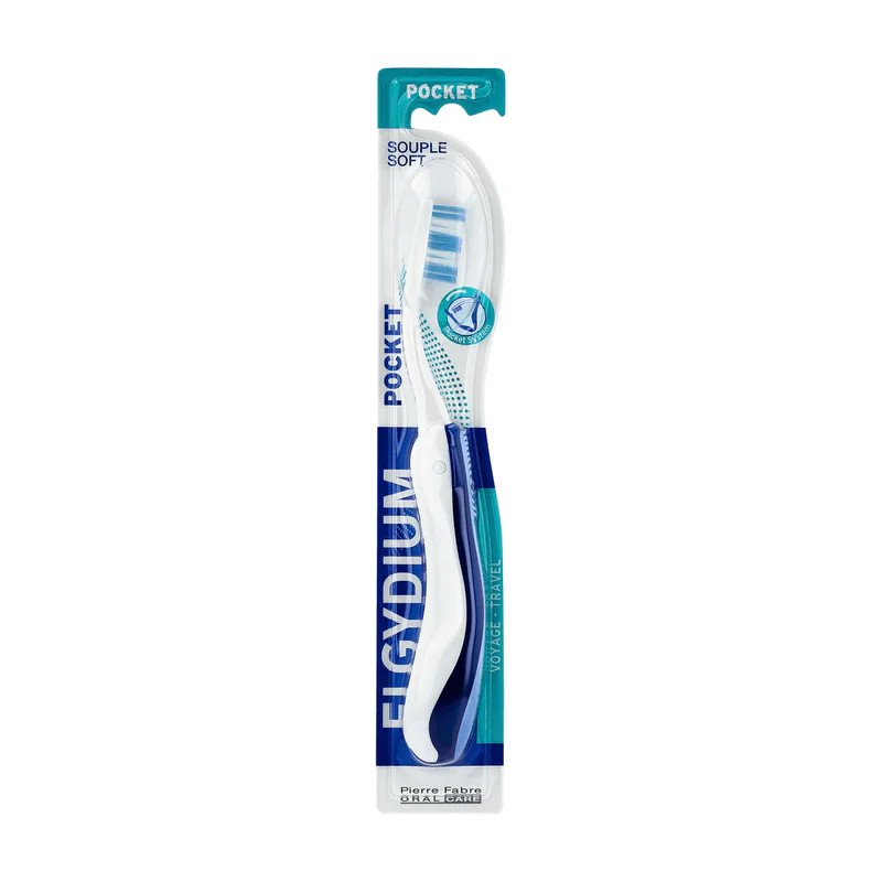 ELGYDIUM POCK Brosse à dents souple pliable en emballage bleu et blanc, design compact pour voyages 