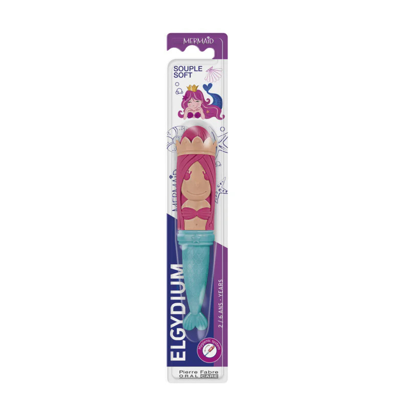 ELGYDIUM 1149185 Brosse à dents enfants Sirène Souple en emballage, illustration sirène rose, étique