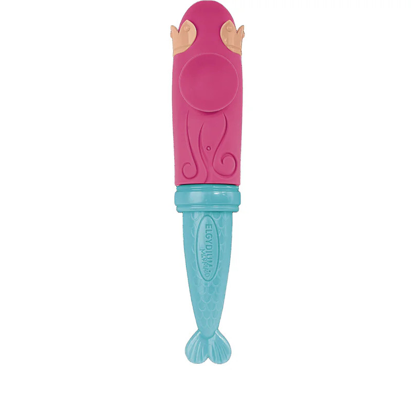 Gros plan brosse à dents sirène ELGYDIUM 1149185 : tête sirène rose avec ventouse, manche queue écai