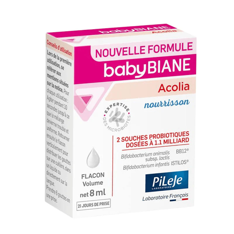 Boîte Babybiane Acolia PileJe, complément probiotique pour nourrissons, nouvelle formule avec 2 souc