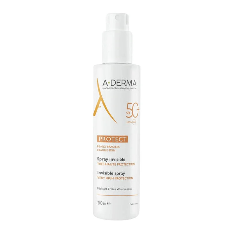 Flacon A-Derma Protect SPF50+ Spray Invisible, 200 ml blanc avec pompe spray, pour peaux fragiles, t