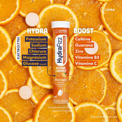 UPSA HydraFizz Hydra+Boost 16 comprimés Effervescents Hydratation Optimal