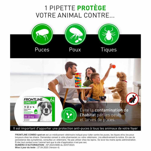FRONTLINE COMBO Chien 20-40 Kg 6 Pipettes - Elimine Puces et Tiques
