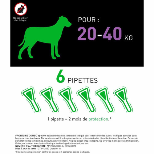 FRONTLINE COMBO Chien 20-40 Kg 6 Pipettes - Elimine Puces et Tiques