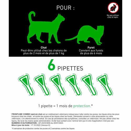 FRONTLINE Combo Chat 6 Pipettes - Elimine Puces et Tiques