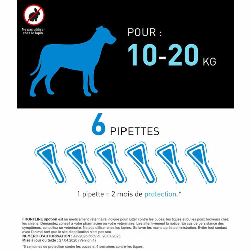 Frontline Spot-On Chien 10-20Kg 4 Pipettes - Antipuces et Tiques