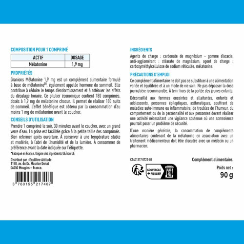 Mélatonine 1,9 mg Endormissement rapide 180 comprimés