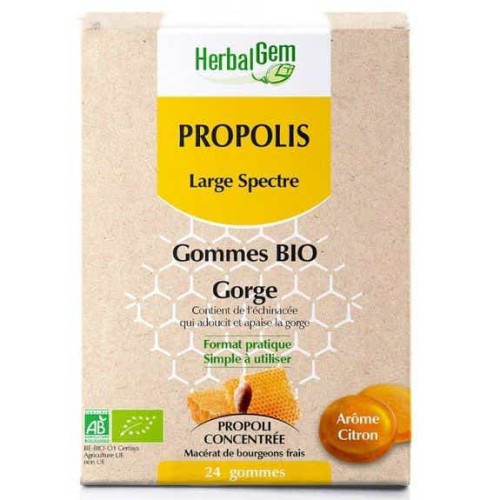 HerbalGem Propolis Large Spectre 24 gommes apaise gorge Pharma360