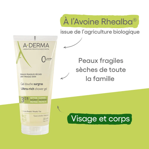 A-Derma Gel Douche Surgras 200ml Peaux Sèches et Fragiles Pharma360