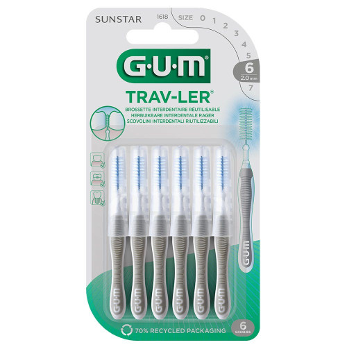 Gum Trav-ler Brossettes Interdentaires 2.0 mm Gris 6x - Hygiène Antibactérienne