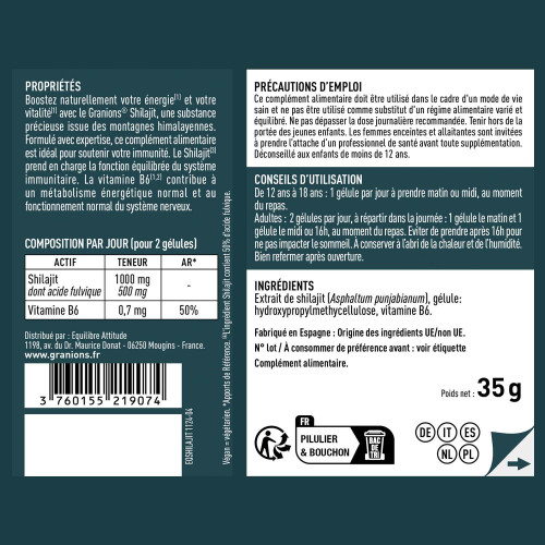Granions Shilajit 1000mg 60 Gélules Boost Énergie Vitalité Pharma360