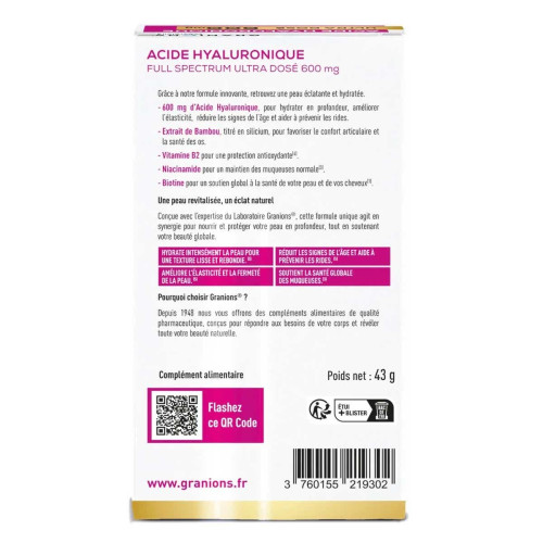 Granions Acide Hyaluronique 600mg 60 comprimés Peau Hydratée Jeunesse