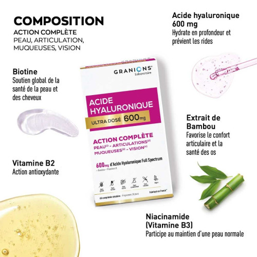 Granions Acide Hyaluronique 600mg 60 comprimés Peau Hydratée Jeunesse
