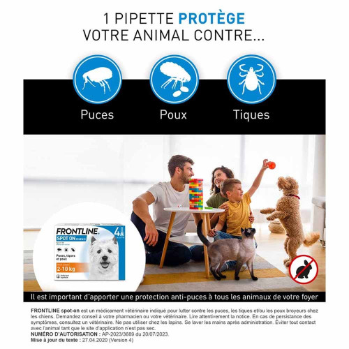 Frontline Spot-On Chien 2-10 Kg 3 Pipettes Protection Parasitaire