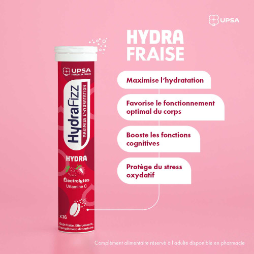 UPSA HydraFizz Hydra Fraise 16 Comprimés Hydratation Efficace