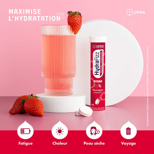 UPSA HydraFizz Hydra Fraise 16 Comprimés Hydratation Efficace