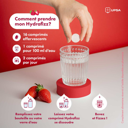 UPSA HydraFizz Hydra Fraise 16 Comprimés Hydratation Efficace