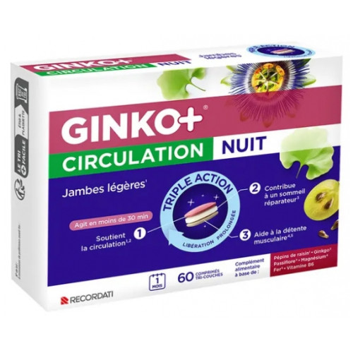 Bouchara Recordati Ginko+ Circulation Nuit 60 comprimés jambes légères