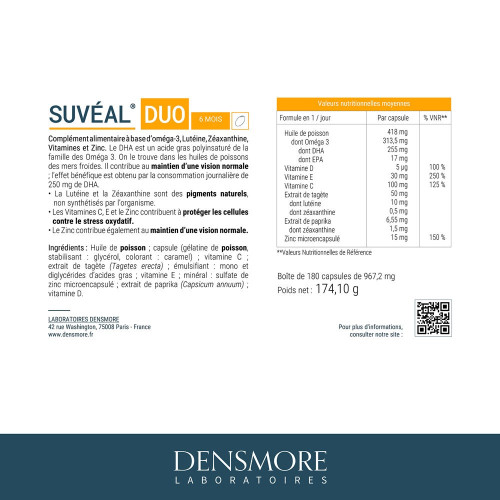 DENSMORE Suvéal Duo 180 Capsules - Riche en DHA et Lutéine