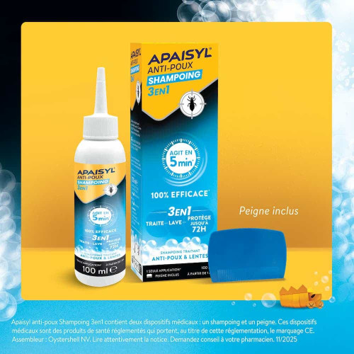 Apaisyl Anti-Poux Shampooing 3en1 100ml Élimine Poux en 5 Min