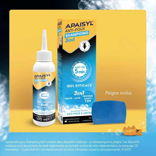 Apaisyl Anti-Poux Shampooing 3en1 200ml Élimine poux lentes 5 min
