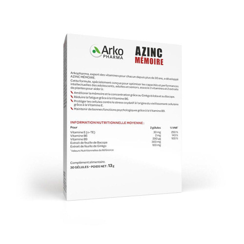 ARKOPHARMA Azinc Mémoire 30 Gélules - Booste Mémoire et Concentration