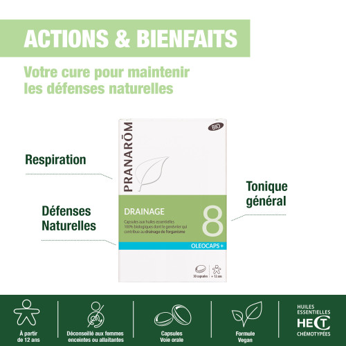 PRANAROM Oléocaps+ 8 Drainage Bio 30 Capsules - Élimine Toxines