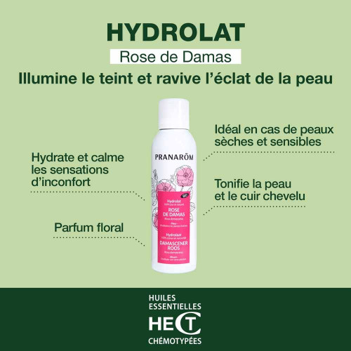 PRANAROM Hydrolat Rose de Damas Bio 150ml - Hydratant Anti-âge