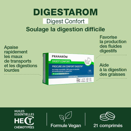Digest Confort Pranarôm 21 Comprimés - Soulage Digestion et Nausées