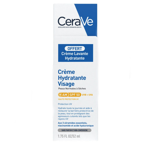 Crème hydratante visage SPF 50 pour les peaux normales à sèches + Crème Lavante 20 mL Offerte