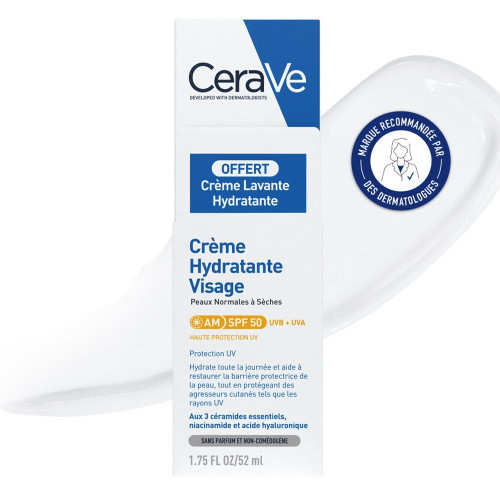 Crème hydratante visage SPF 50 pour les peaux normales à sèches + Crème Lavante 20 mL Offerte