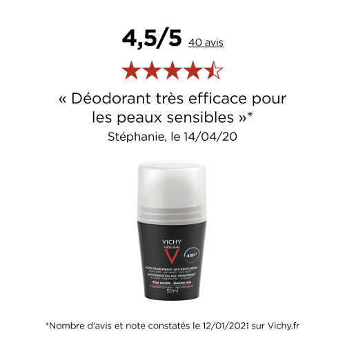 VICHY Homme Déodorant Peaux Sensibles 50mL - Efficacité 48H