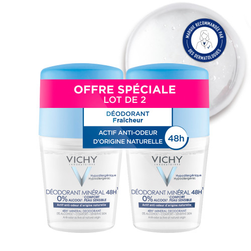 VICHY Déodorant Minéral 2x50mL - Efficacité 48h Sans Aluminium