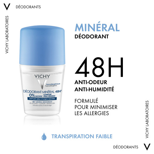 VICHY Déodorant Minéral 2x50mL - Efficacité 48h Sans Aluminium