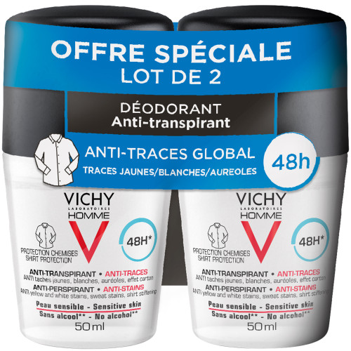 VICHY Déodorant Homme 48H 2x50ml - Anti-Traces, Efficace,