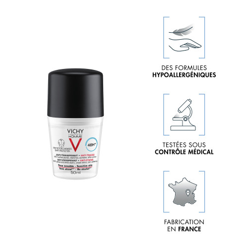 VICHY Déodorant Homme 48H 2x50ml - Anti-Traces, Efficace,