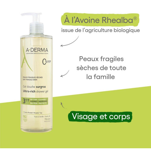 A-Derma Gel Douche Surgras 750 ml Peau Sèche et Fragile Pharma360
