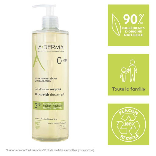 A-Derma Gel Douche Surgras 750 ml Peau Sèche et Fragile Pharma360