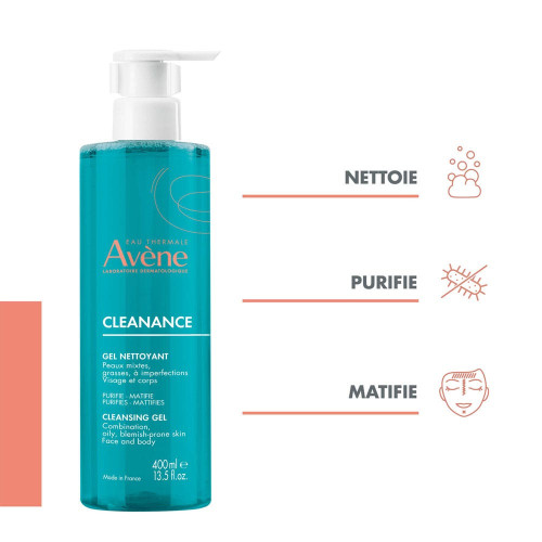 AVENE Cleanance Gel Nettoyant 400mL - Purifie et Matifie