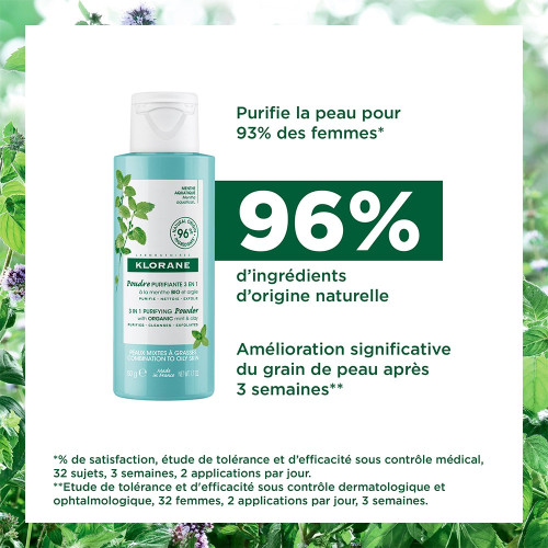 Klorane Poudre Purifiante Menthe Bio Argile 50g - Nettoie et Purifie
