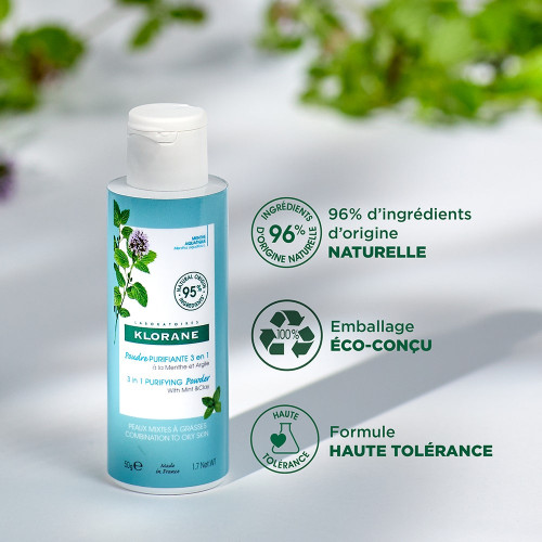 Klorane Poudre Purifiante Menthe Bio Argile 50g - Nettoie et Purifie