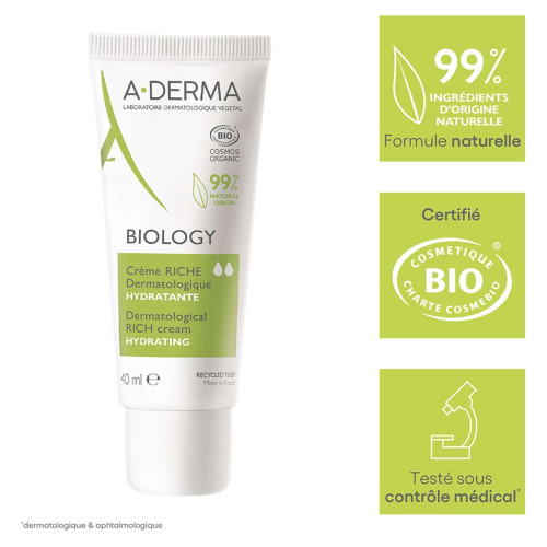 Aderma Biology Crème Riche 40ml - Hydrate et Protège Peaux Sèches
