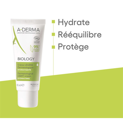 Aderma Biology Crème Légère 40ml - Hydratation 24h, Protection Peau