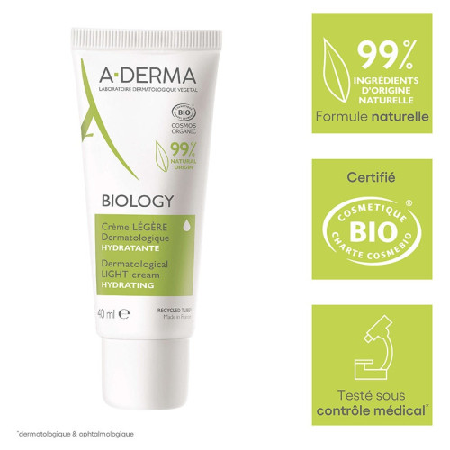 Aderma Biology Crème Légère 40ml - Hydratation 24h, Protection Peau