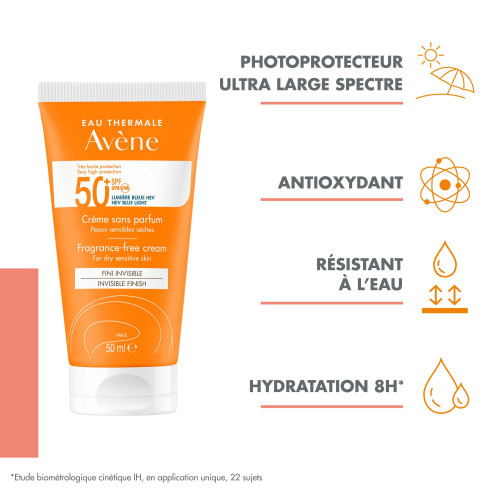 AVENE Crème SPF50+ 50ml - Protection UVB/UVA, Hydratation 8h